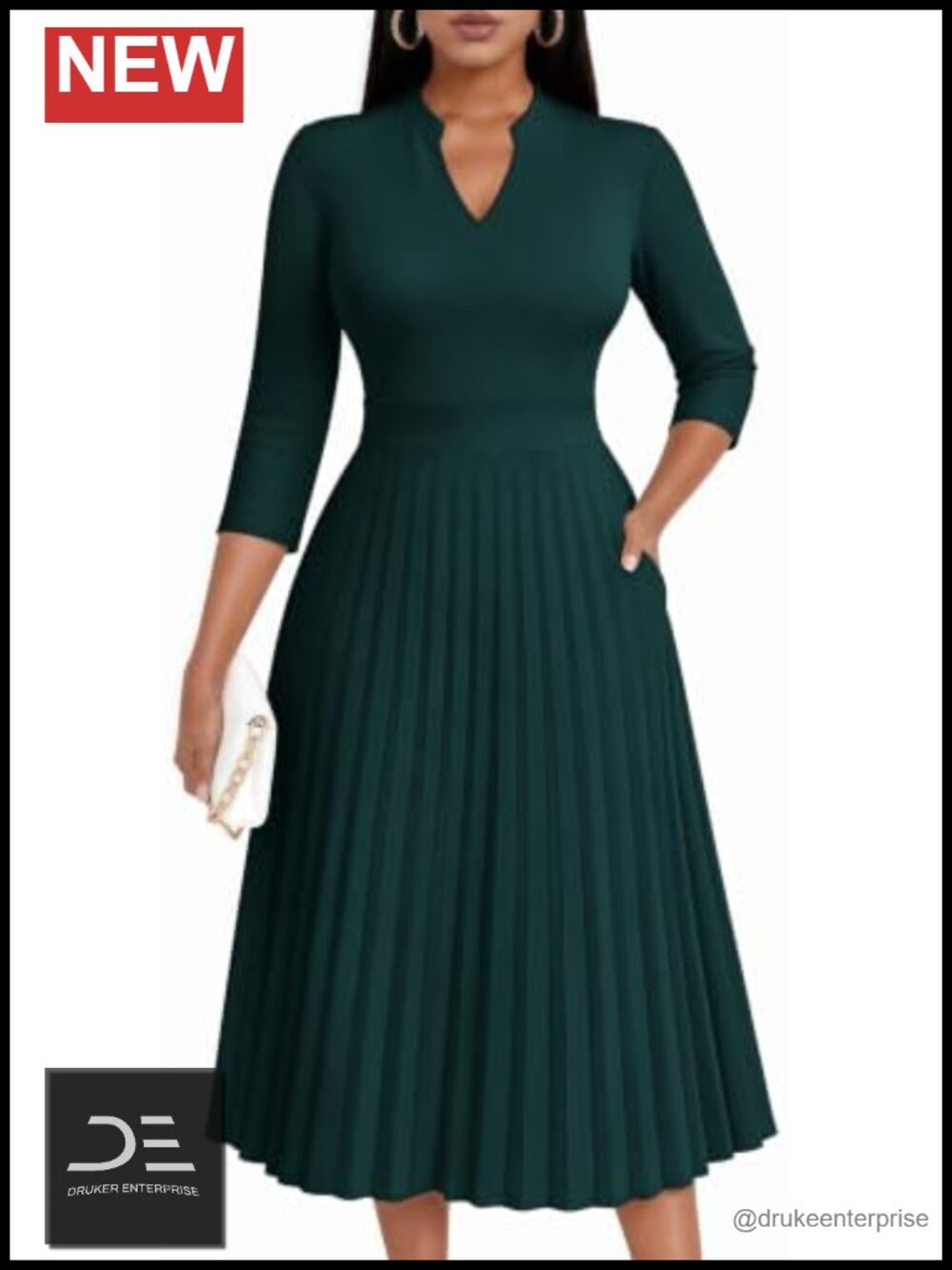 Pleated Midi Dress V Neck 3/4 Sleeve Side Pockets Church Office